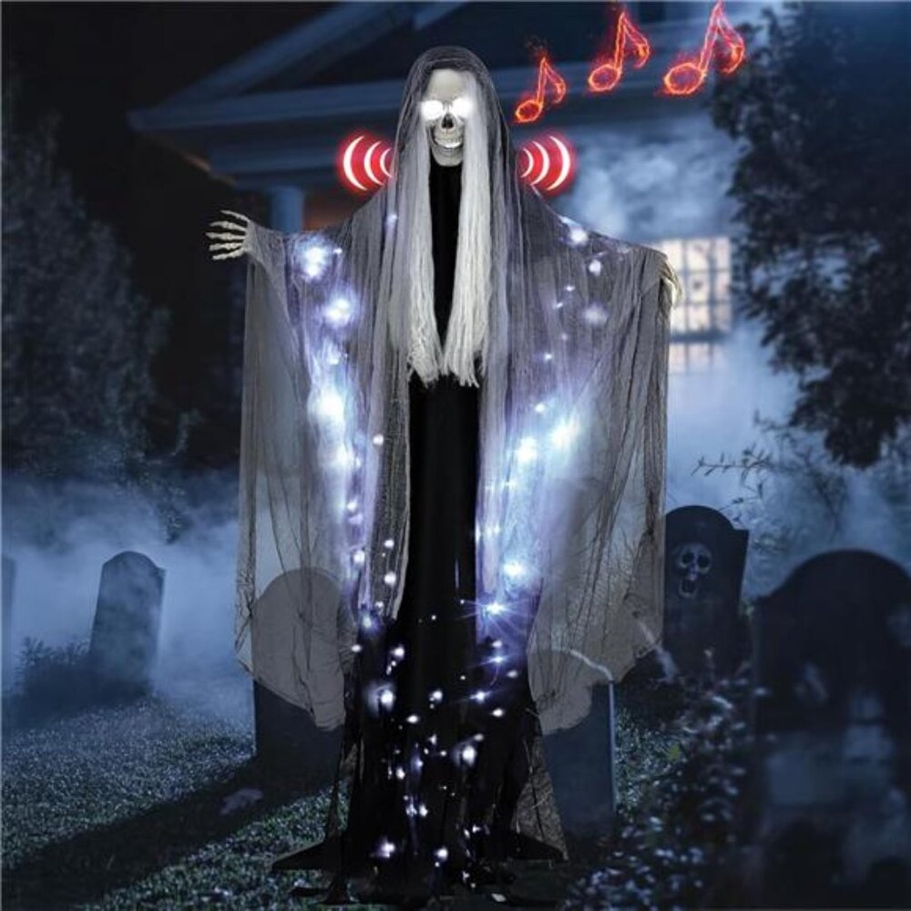 Halloween Decorations Outdoor: Scary Animatronics Skeleton Ghost with Light-Up